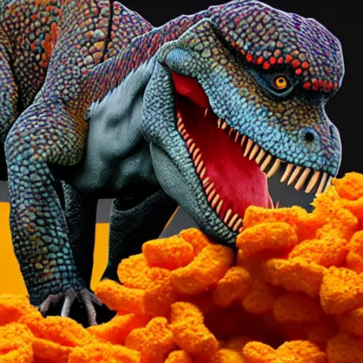 Image similar to ultra realistic dinosaur eating Cheetos, Napoleon Bonaparte