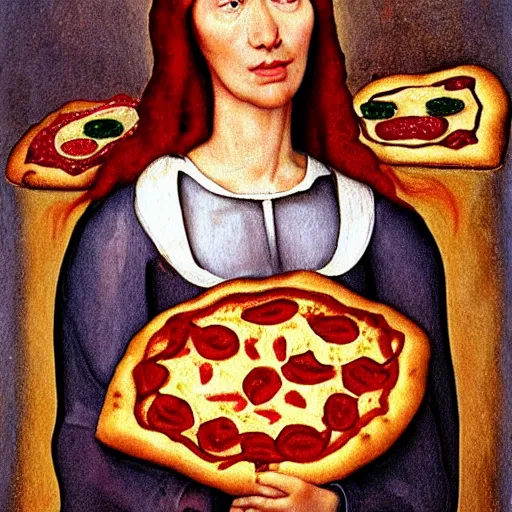 Image similar to skinny lady with red hair covered by pizzas in Hell, painted in style of Hans Memling