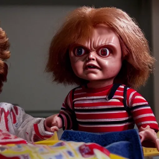 Image similar to Stranger Things episode featuring Chucky the killer doll from the movie Child's Play