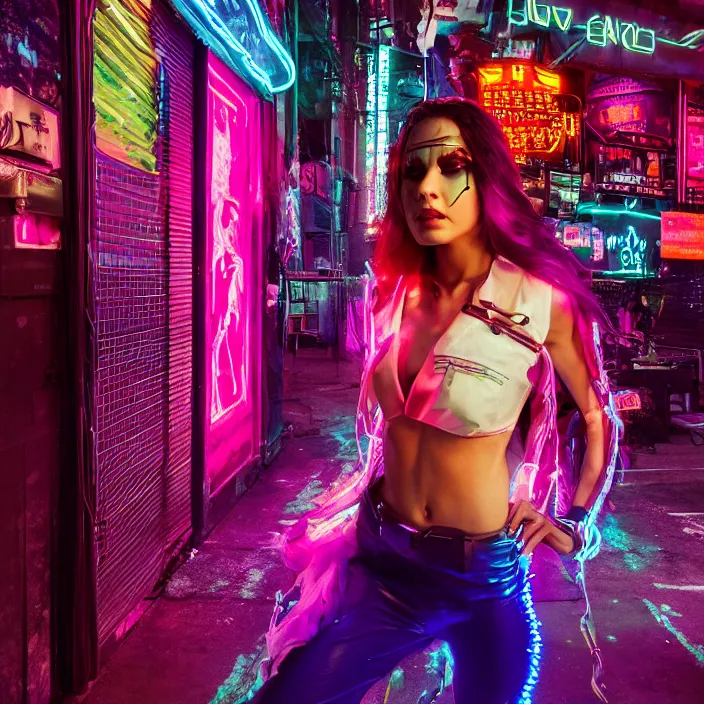 Prompt: a beautiful girl in a cyberpunk costume is standing on street, neon lights, super realistic, extremely high detail, glowing purple, vibrant red, vogue magazine cover