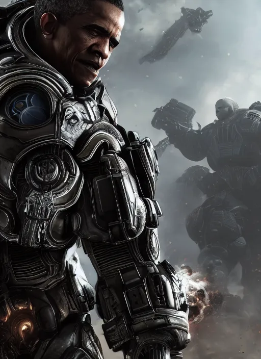 Image similar to full body character portrait of barack obama in gears of war wearing cig armor, metal gear rising, metal gear, barack obama, octane render, 8 k, realistic face, ray tracing, ps 5, subsurface scattering, realistically proportioned head, realistically proportioned face, ambient occlusion