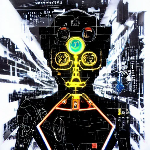 Image similar to the fullmetal neon robot sirius has a kernel without memory nor feelings, lights shaped like eyes on his chest, he believes he is a god, oil on canvas by dave mckean and yoji shinkawa