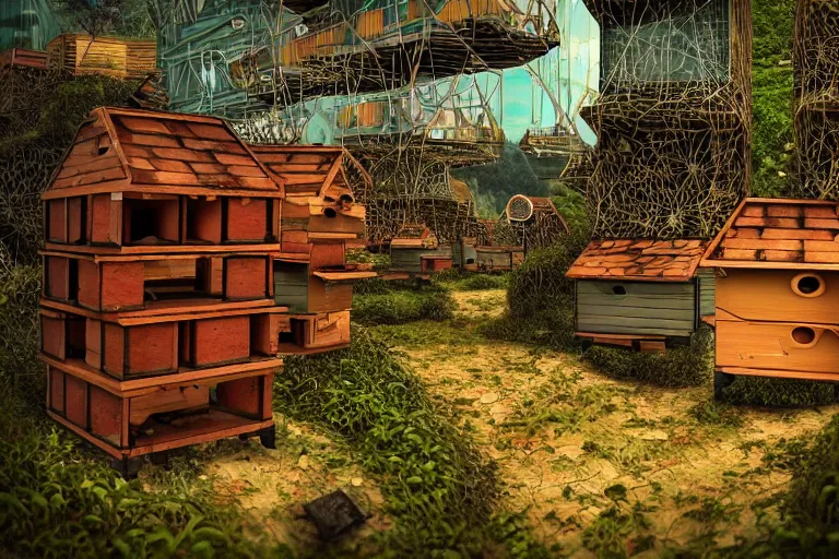 Prompt: favela lobster honeybee hive, wooded environment, industrial factory, whimsically, award winning art, epic dreamlike fantasy landscape, ultra realistic,