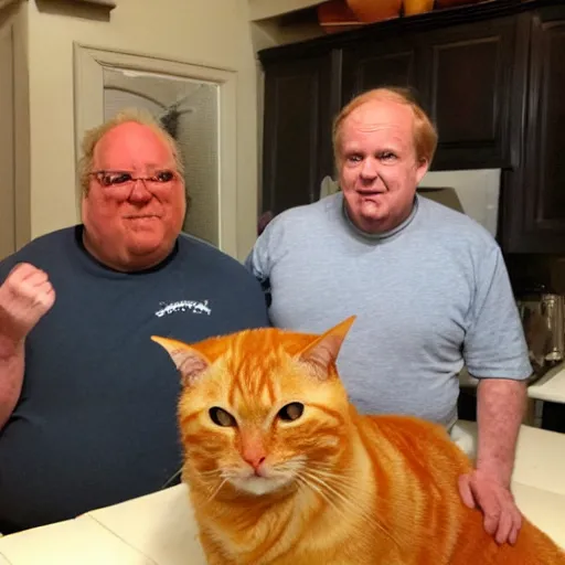 Prompt: fat orange tabby cat next to curly haired man and lasagna on table, jim davis