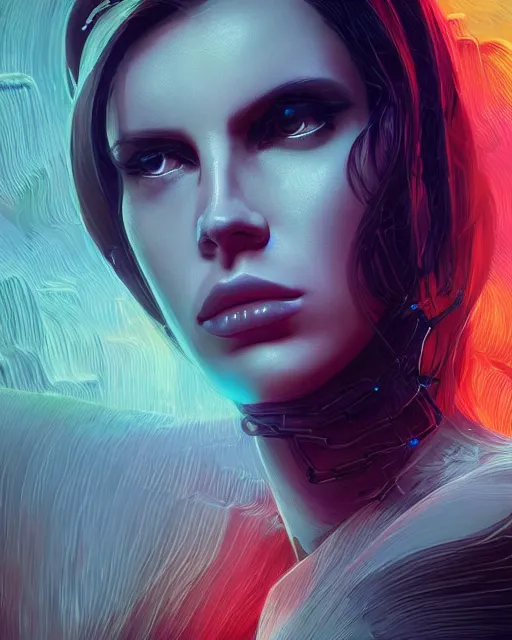 Prompt: portrait of Lana Del Rey as a cyborg. intricate abstract. intricate artwork. by Tooth Wu, wlop, beeple, dan mumford. mulholland drive by david lynch, dune by david lynch, octane render, trending on artstation, greg rutkowski, alex ross. very coherent symmetrical artwork. cinematic, hyper realism, high detail, octane render, 8k, iridescent accents