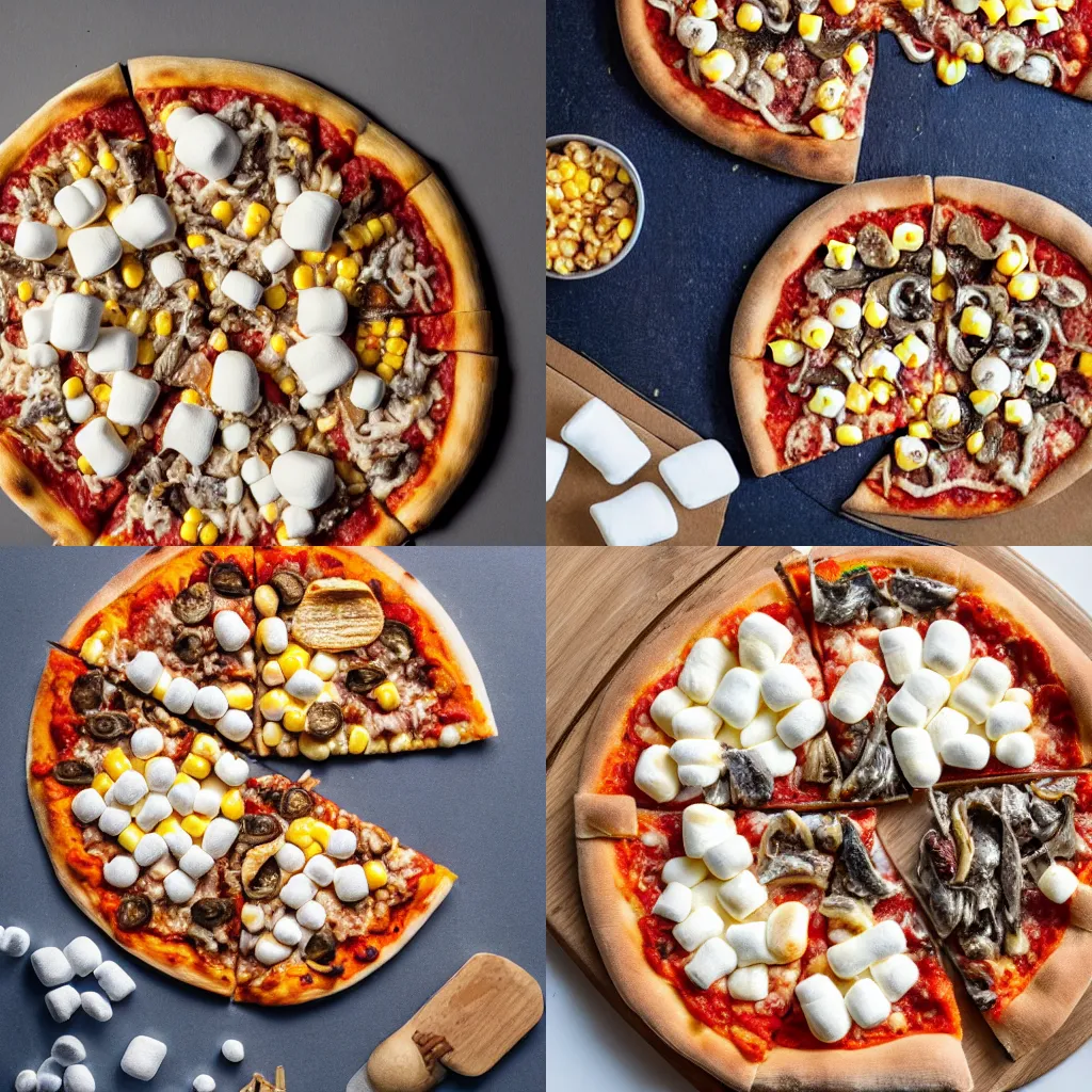 Image similar to A pizza with marshmallows, sardines, and corn as toppings