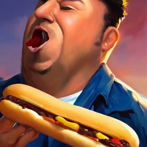 Prompt: greg manchess portrait painting ofchubby man eating a hot dog overwatch character, medium shot, asymmetrical, profile picture, organic painting, sunny day, matte painting, bold shapes, hard edges, street art, trending on artstation, by huang guangjian and gil elvgren and sachin teng