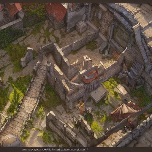 Image similar to a topdown battlemap from 9 0 degrees angle of a medieval town alley, dnd encounter, dawn, dark fantasy, extremely detailed, no people, photorealistic, octane render, 8 k, unreal engine 5. art by artgerm and greg rutkowski and alphonse mucha