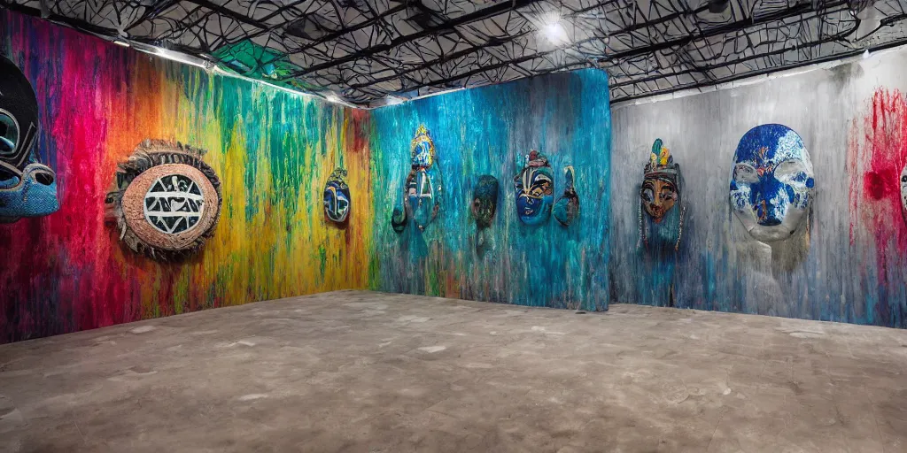 Prompt: A hyper realistic photography of an exhibition space with indigenous masks and dripping colors on the wall