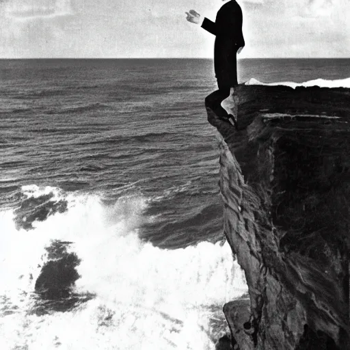 Image similar to anthro fox man in suit about to fall off cliff into scary stormy ocean, far shot, 1920s film