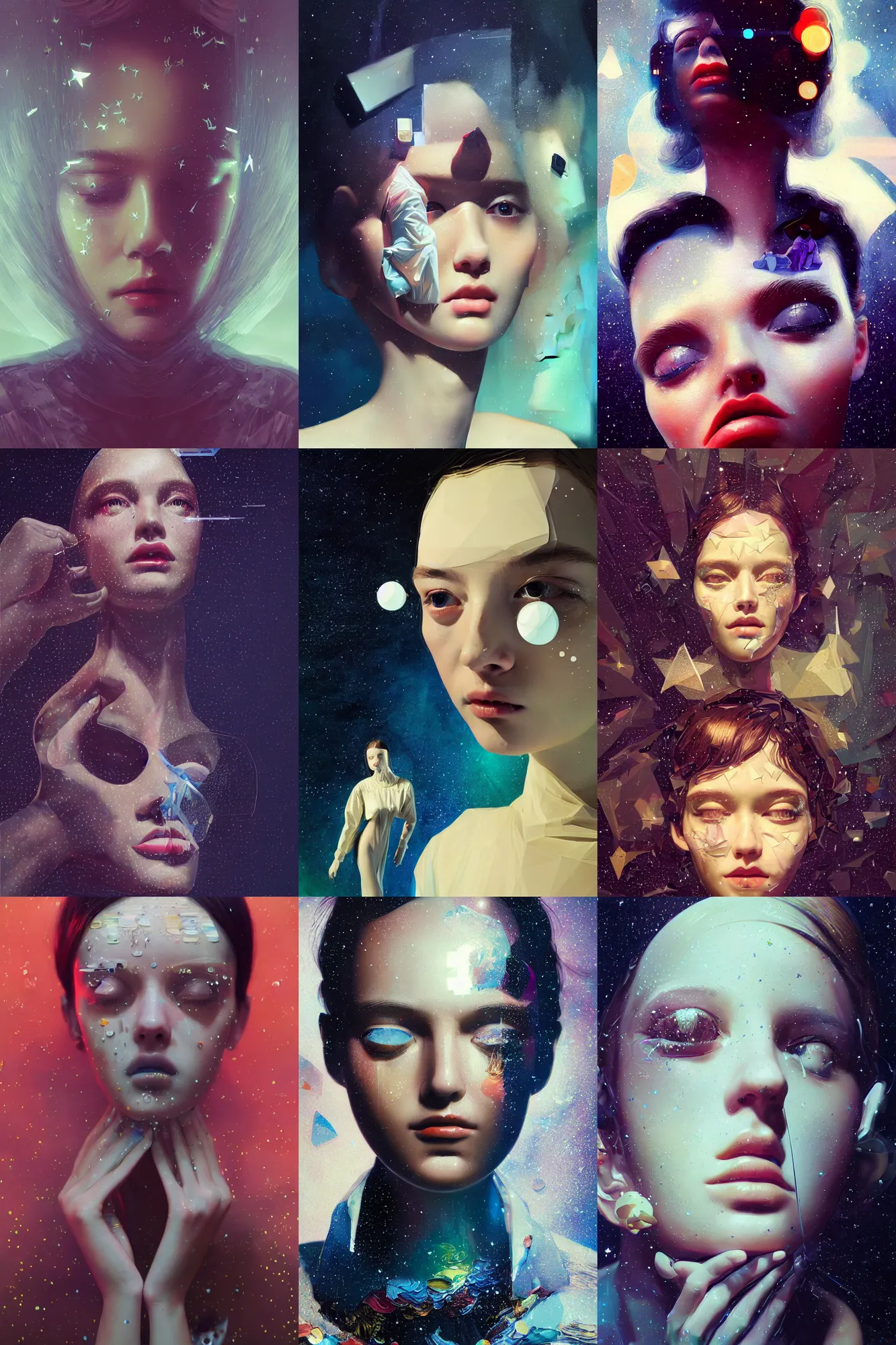 Image similar to 3 d, close - up, sleepy fashion model, plastic, deep night, stars, poster art, intricate oil painting, high detail, figurative art, multiple exposure, poster art, 3 d, by stanley kubrick and tooth wu and wlop and beeple