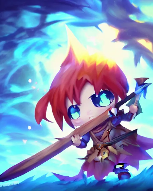 Image similar to oil painting of a cute chibi MapleStory warrior,, attacking, casting a spell with a spear, wearing a MapleStory warrior outfit, sharp focus, fantasy style, octane render, volumetric lighting, 8k high definition, by greg rutkowski, highly detailed, trending on artstation, magic the gathering artwork, Perion background from MapleStory, centered