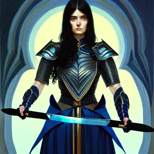 Image similar to portrait, woman dressed in plate armor with black hair and blue eyes wielding a greatsword, elegant, digital illustration, fire magic, detailed, intricate, sharp focus, digital painting, deep focus, digital painting, artstation, concept art, matte, art by artgerm and greg rutkowski and alphonse mucha