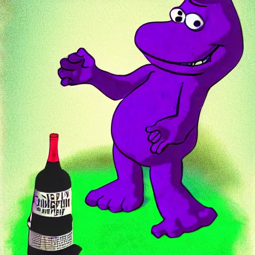 Image similar to fullbody!! barney the dinosaur from the kid's show holding a broken bottle, absurdist, hyperrealistic, digital art