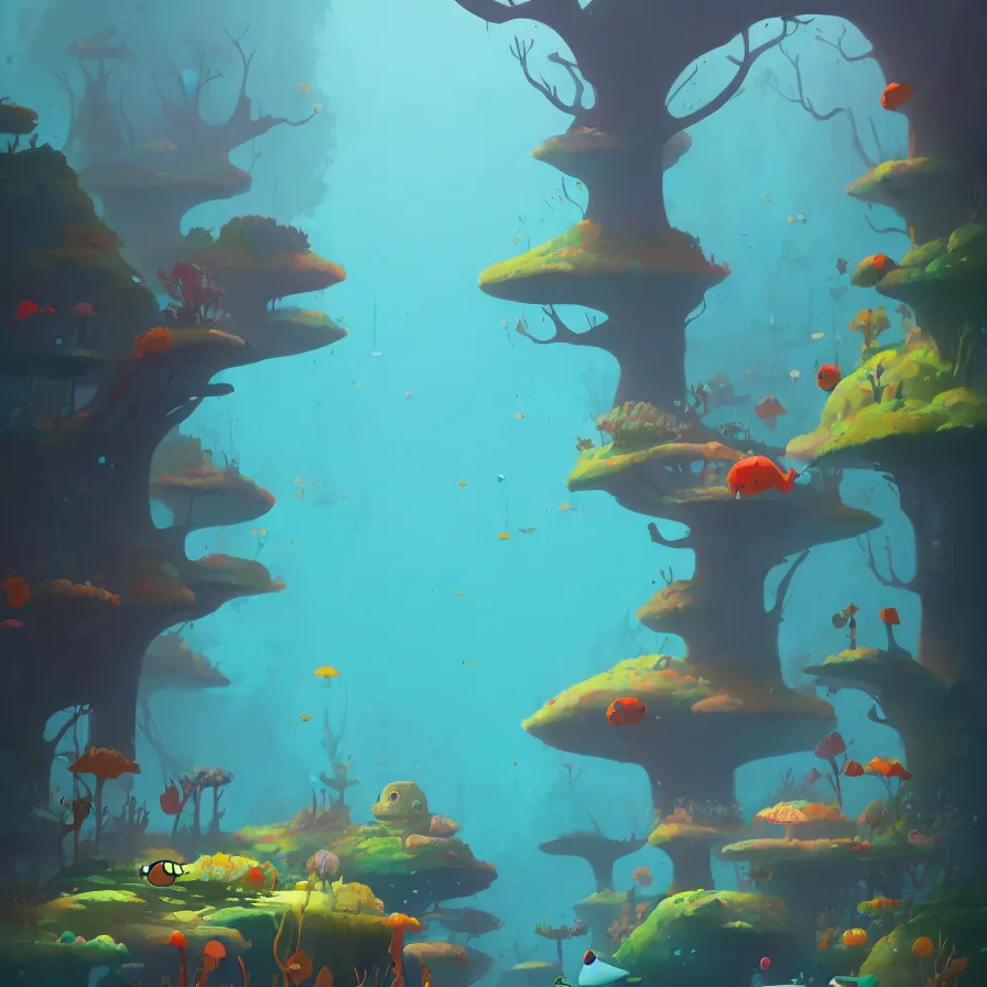 Image similar to (Goro Fujita illustrating) Underwater forest, aquatic life, full of color, (art by Goro Fujita, sharp focus, highly detailed, ArtStation)