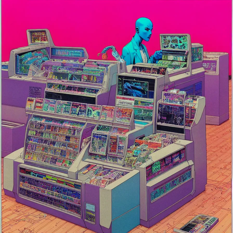 Prompt: ( ( ( ( cyberpunk convenience store cash register ) ) ) ) by mœbius!!!!!!!!!!!!!!!!!!!!!!!!!!!, overdetailed art, colorful, artistic record jacket design