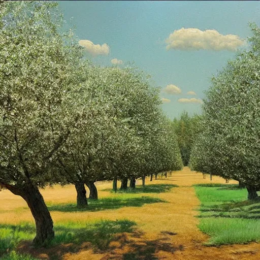 Image similar to dismal pine green by david ligare, by steve hanks. a beautiful photograph depicting a farm scene. the photograph shows a view of an orchard with trees in bloom.