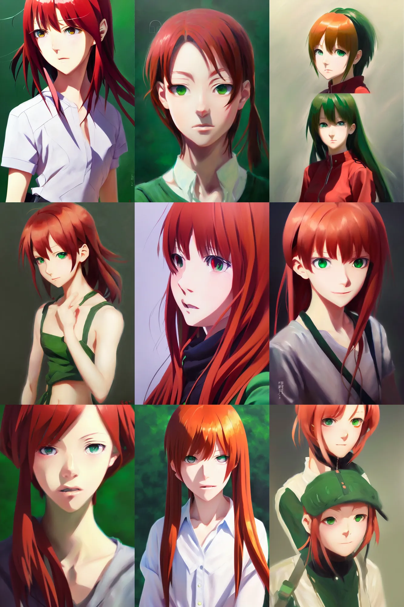 Prompt: oil painting character portrait concept art, anime key visual of young female, studio light directed gaze finely detailed perfect face, red hair green eyes, trending on pixiv fanbox, painted by makoto shinkai takashi takeuchi