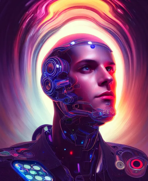 Image similar to a whirlwind inside the metaverse, guy, male, man, hologram, half body, neurochip, android, cyborg, cyberpunk face, by loish, d & d, fantasy, intricate, elegant, highly detailed, colorful, digital painting, artstation, concept art, art by artgerm and greg rutkowski and alphonse mucha