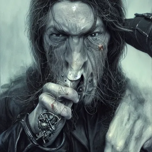 Image similar to portrait painting of a sneering biker with pale skin and shaggy hair, drinking blood out of a goblet, sharp focus, ultra realistic, concept art, intricate details, eerie, highly detailed, photorealistic, octane render, 8 k, unreal engine. art by artgerm and charlie bowater and greg rutkowski