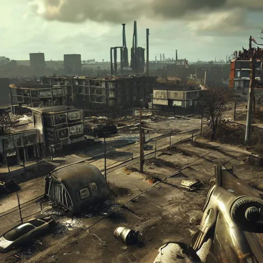 Image similar to Dublin in ruins post-nuclear war in Fallout 4, in game screenshot