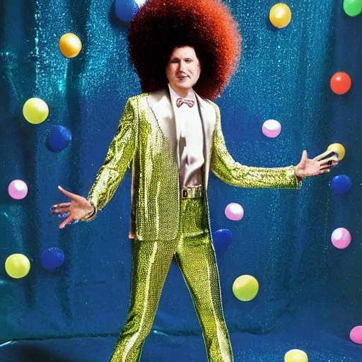 Image similar to uhd candid photo of disco stu wearing disco suit, intricate disco costume. correct face, correct disco attire. photo by annie leibowitz