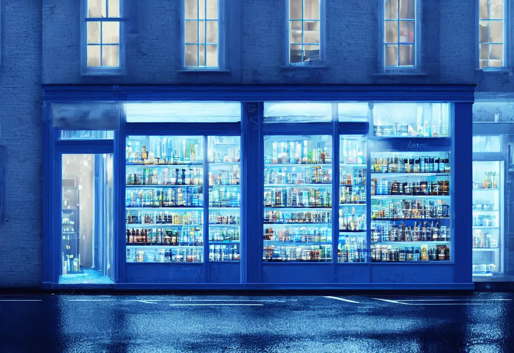 Prompt: old shopfront with blue wax lava lamps in the windows on shelves, the blue glow softly illuminating a wet road, 2 - point perspective from the street, photoreal octane render, night, detailed illustration