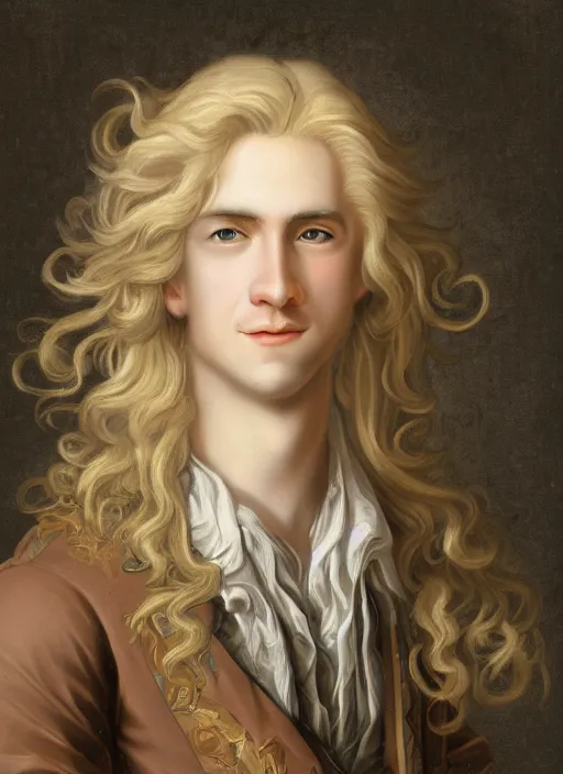 Prompt: portrait of a smiling blond handsome man with long hair and green eyes in baroque art, anime inspired, High Res 8K,hyperdetailed