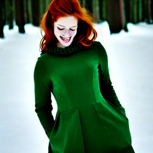 Image similar to redhead women in a green dress, with pockets, photorealistic, winter scenario