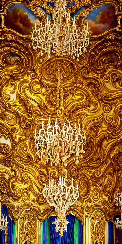 Image similar to the source of future growth dramatic, elaborate emotive Baroque and Rococo styles to emphasise beauty as a transcendental, seamless pattern, symmetrical, large motifs, rainbow liquid splashing and flowing, Queen Catherine's palace, St. Petersberg, Amber room 8k image, supersharp, spirals and swirls in rococo style, medallions, iridescent black and rainbow colors with gold accents, perfect symmetry, High Definition, sci-fi, Octane render in Maya and Houdini, light, shadows, reflections, photorealistic, masterpiece, smooth gradients, high contrast, 3D, no blur, sharp focus, photorealistic, insanely detailed and intricate, cinematic lighting, Octane render, epic scene, 8K