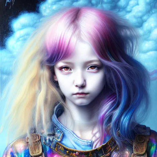 Image similar to a portrait of girl with rainbow hair white shirt, denim shorts, an ultrafine detailed painting by ayami kojima, cgsociety, fantasy, anime digital art, lovecraftian, cosmic horror, detailed painting