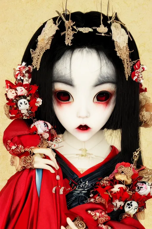 Image similar to album cover of an avant - garde japanese bjd geisha vampire queen with porcelain skin in victorian red dress in the style of dark - fantasy lolita fashion painted by yoshitaka amano, takato yamamoto, christopher shy, dmt art, symmetrical vogue face portrait, intricate detail, artstation, cgsociety, artgerm, gold skulls, rococo