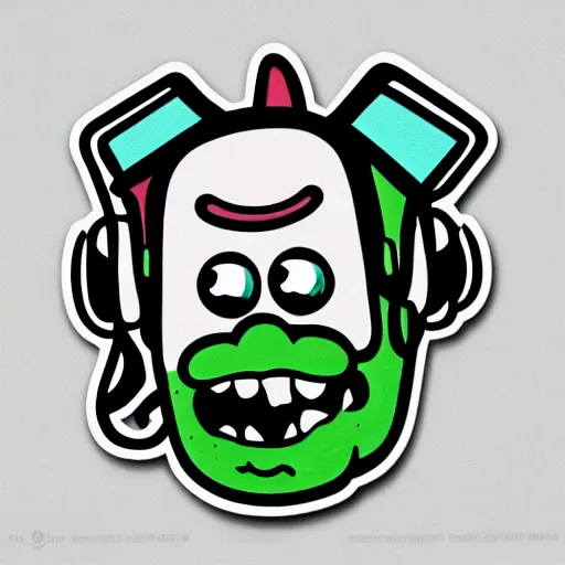 Image similar to a pickle-rick, svg sticker, vector art, wearing headphones, jamming to music