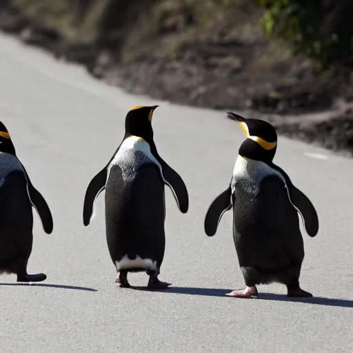 Prompt: penguins in sombreros walking across the road