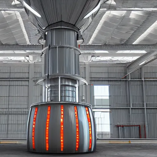 Image similar to big metallic capsule connected to pipelines, purpose is pump, standing in large industrial hall, designed by best engineers, raytracing, reflections