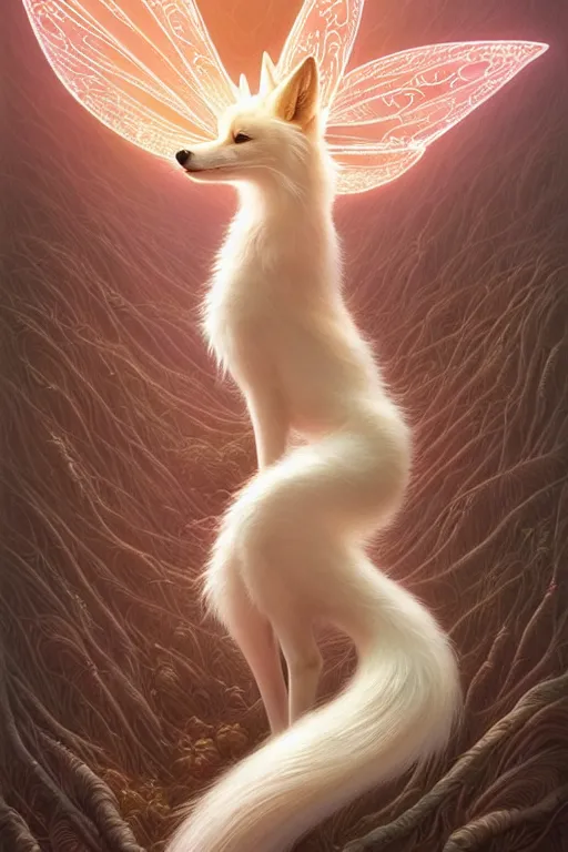 Image similar to complete and delicate portrait of a white nine - tailed fox, beautiful, agile, fairy, myth, legend, detailed, trending on artstatioin, light effects, kilian eng, john harris, bastien lecouffe - deharme