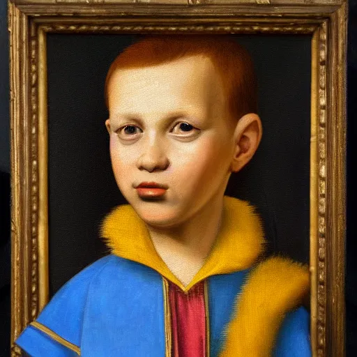 Image similar to a renaissance style portrait painting of Bart Simpson