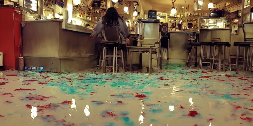 Image similar to inside a leaking freezer of melting ice cream cases is in an old fashioned ice cream parlor. the leak has made a big colorful puddle of melted ice cream on the floor and the puddle is reminiscent to the shape of werewolf fangs.