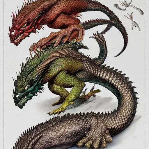 Prompt: scientific illistration of a species of dragon showing an examples of a males and female of each the species, biological illustrations, art by john james audubon robert stebbins and terryl whitlatch and david sibley and charles darwin, highly detailed, intricately detailed, 8 k, trending on artstation