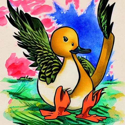 Prompt: duck illustration, anime, watercolor, style of ken sugimori