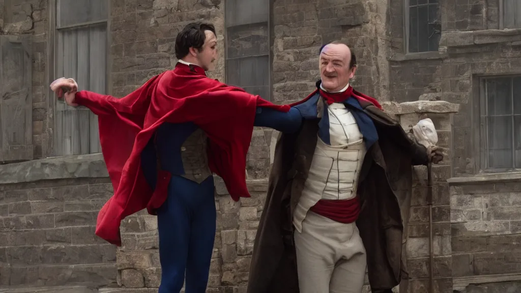 Prompt: movie still of victorian era spiderman wearing a cape arguing with gene hackman from the new pride & prejudice movie, realistic, 8 k