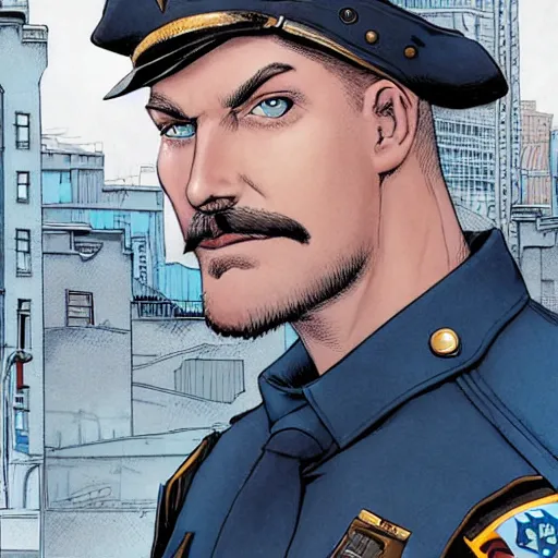 Image similar to portrait of a blonde pale police officer with short hair and a patchy beard, close up, grimy streets backdrop, detailed, art by russell dauterman and ryan ottley and patrick gleason and stefano caselli and marco checchetto esad ribic