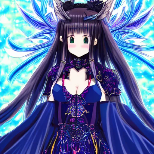 Prompt: a teenage anime girl wearing a very high intricate detailed dress made out of blue fire , full body, very long black/red hair, left eye is yellow and right eye is blue, heterochromatic eyes, intense stare, dress made out of blue fire, cinematic lighting, medium shot, MCU, trending on artstation, CSP, Photoshop, WLOP, Rossdraws, James Jean, Andrei Riabovitchev, Marc Simonetti, Anastasia Ovchinnikova, Véronique Meignaud, BEN MAIER and Sakimichan