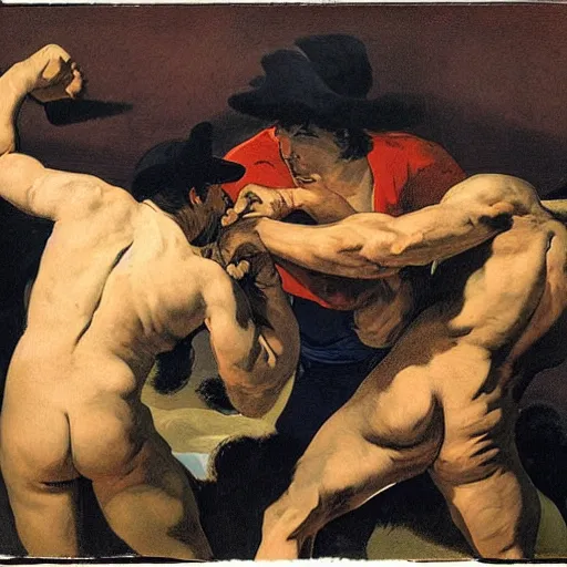 Prompt: inspiring barroom brawl. men duking it out. tough guy big fist. americana, strong red white blue colors ; darkness and depth. strong linework vectorized and flattened ; illustrated by goya goya,,,,,,, by artemisia gentileschi, by theodore gericault,