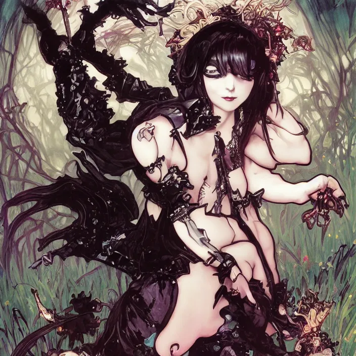 Prompt: little gothic girl, full body, spikes, latex, rubber, rococo, anime aesthetic, chibi, digital painting, sharp focus, concept art, fantasy, by james gurney, by alphonse mucha, by yoshitaka amano, by annie leibovitz