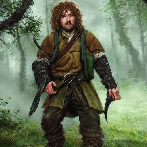 Prompt: a rugged warrior hobbit in leather armor with very short hair and a dark green cloak hiking through the forest holding a hunting bow, trending on artstation, realistic, detailed, by Tony Sart