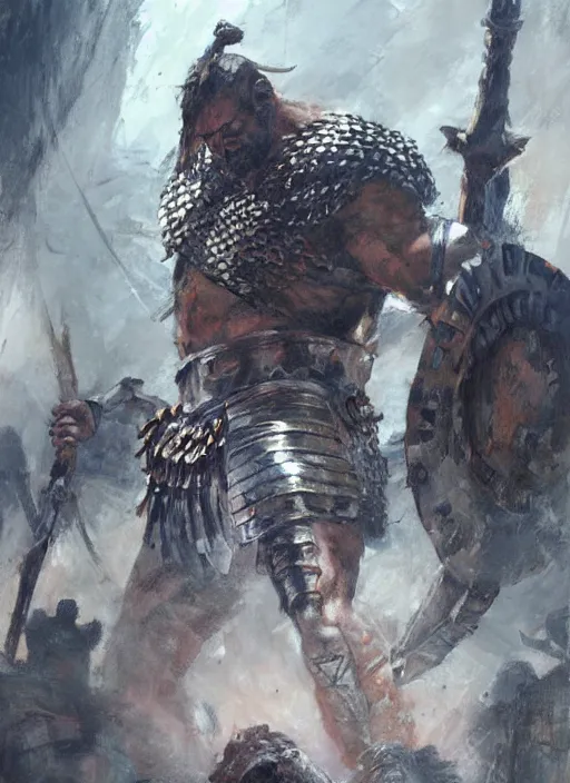 Image similar to ancient historically accurate depiction of the Bible Character Goliath of Gath, the Philistine warrior giant in ancient persian chainmail armor, dramatic lighting art by Yoji Shinkawa by Richard Schmid by greg rutkowski by Sandra Chevrier by Jeremy Lipking cinematic dramatic