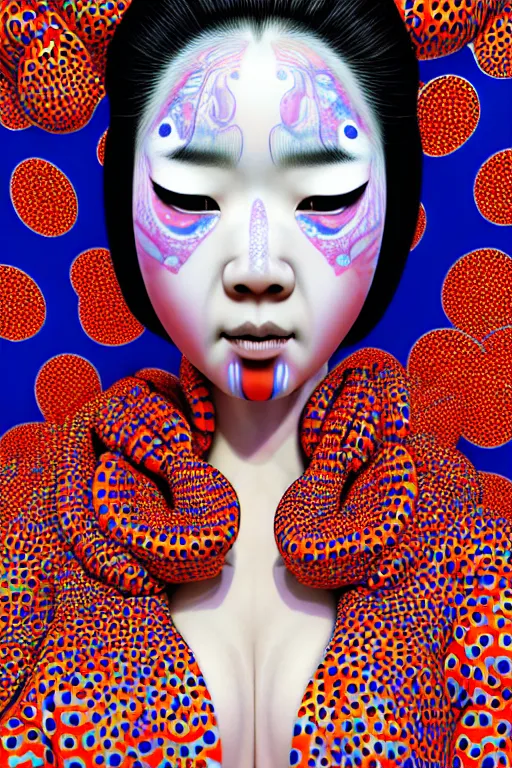 Image similar to realistic detailed image of a geisha in a robe laying down in a padded room, conjuring psychedelic background, part by yayoi kusama, part by alex gray, part by ross tran, part by james jean, ultra realistic, highly detailed, detailed face, detailed hands, detailed body, 8 k, trending on artstation, very cohesive, masterpiece