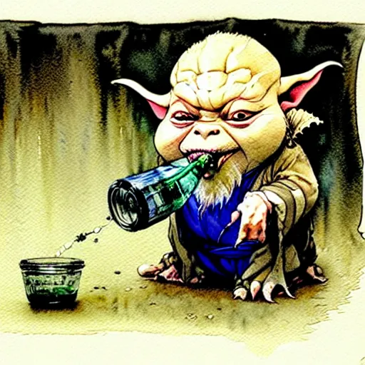 Image similar to a realistic and atmospheric watercolour fantasy character concept art portrait of a fat chibi homeless yoda drinking out of a broken bottle, by rebecca guay, michael kaluta, charles vess and jean moebius giraud