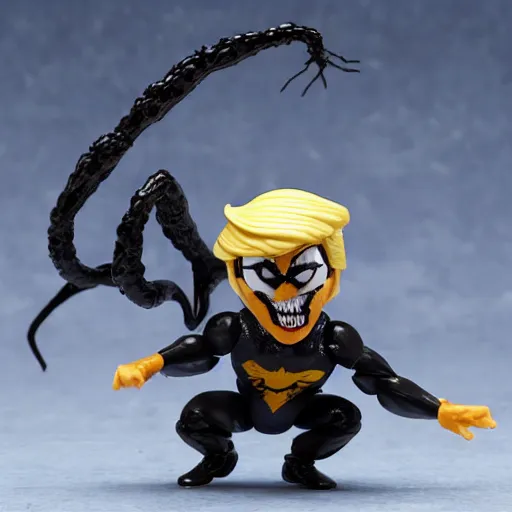 Prompt: action figure of Trump as Venom and shoots web from hair by Hasbro